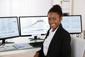 Woman with stock reports