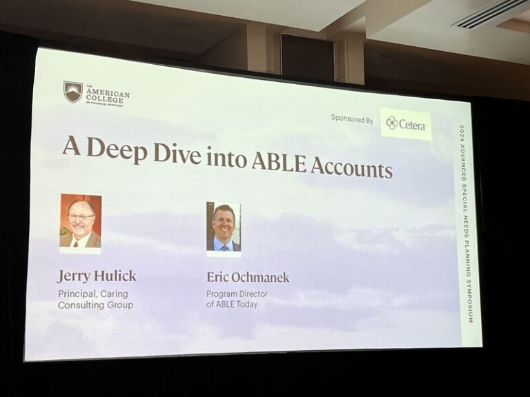 A slide from a presentation on ABLE Accounts at the Advanced Special Needs Symposium, displaying the title of the session.