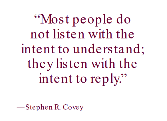 A quote in maroon lettering reads, "Most people do not listen with the intent to understand; they listen with the intent to reply." – Stephen R. Covey.